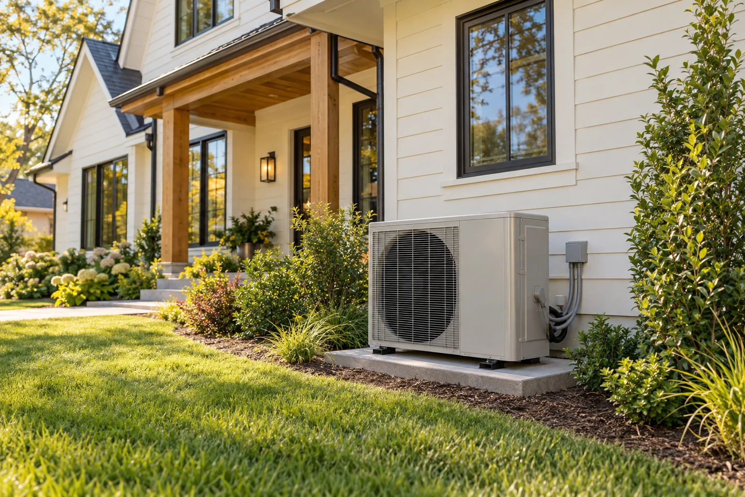 A modern home with an outdoor heat pump installed beside it
